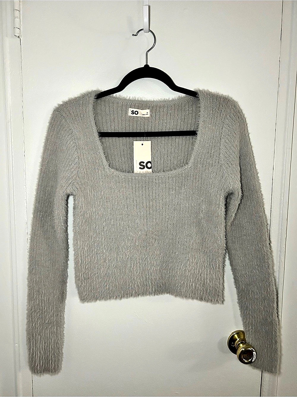 SO NWT Gray Fuzzy Eyelash Knit Square Neck Cropped Sweater M